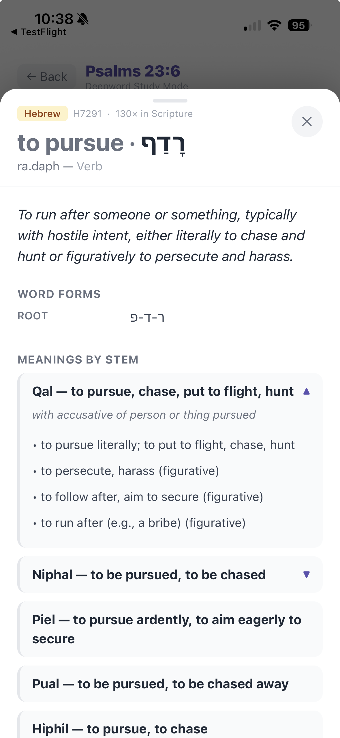 DeepWord's restructured lexicon entry for radaph (H7291) on Psalm 23:6 — 'to pursue,' meanings by stem, root r-d-p, shown in clean labeled sections