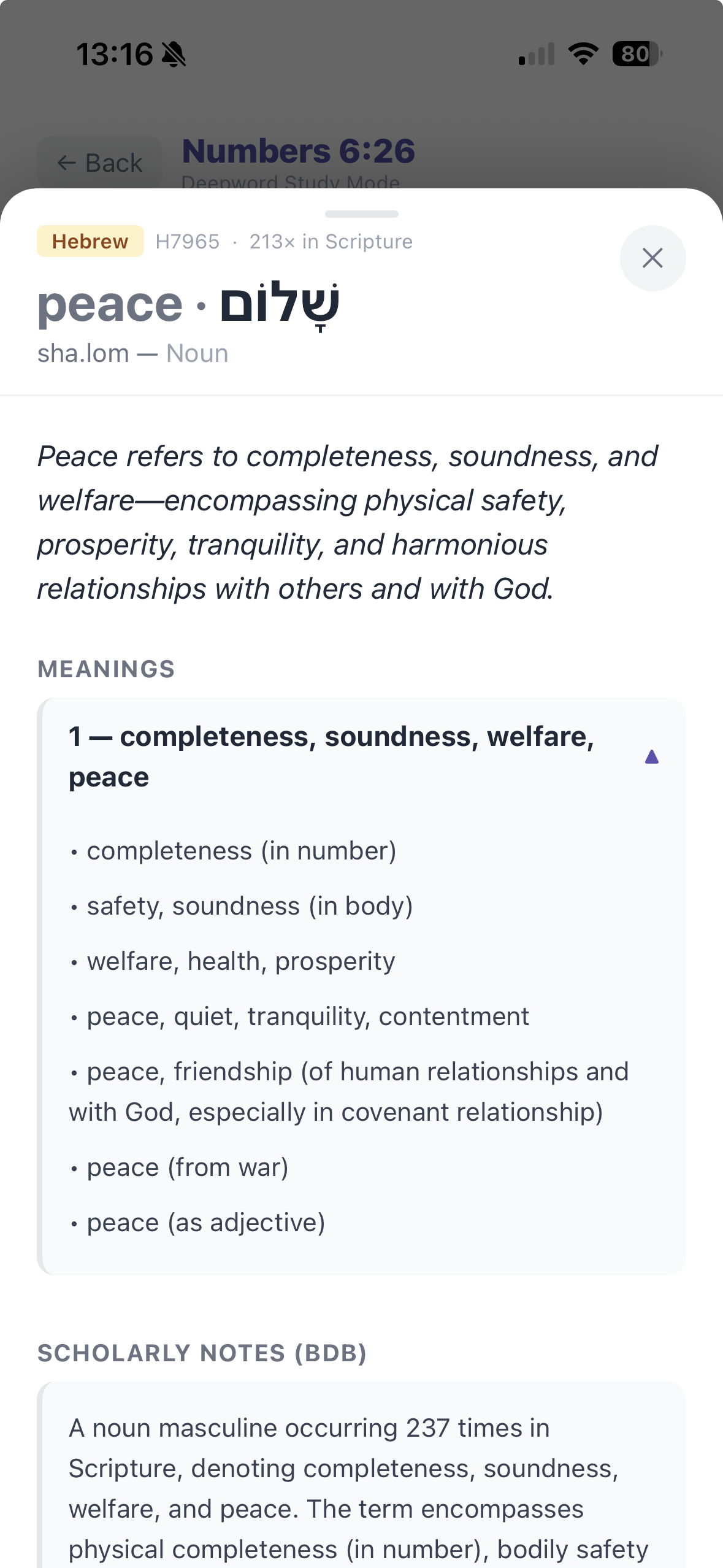DeepWord's restructured lexicon entry for shalom (H7965) on Numbers 6:26 — 'completeness, soundness, welfare, peace,' with the root shalem and senses shown in clean labeled sections