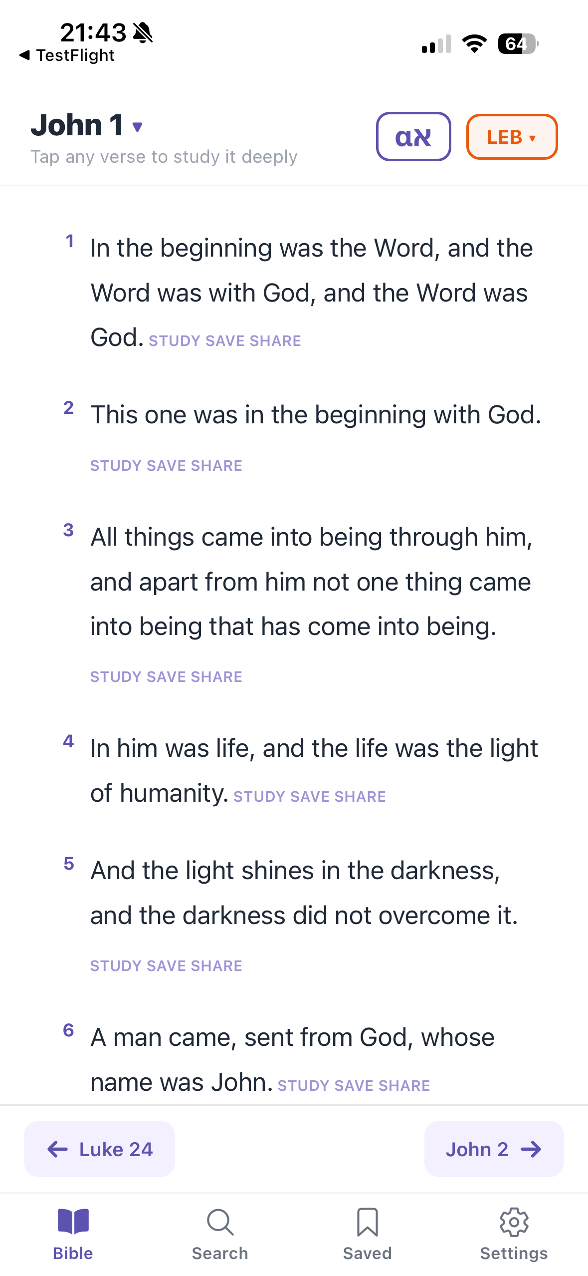 Reader showing John 1
