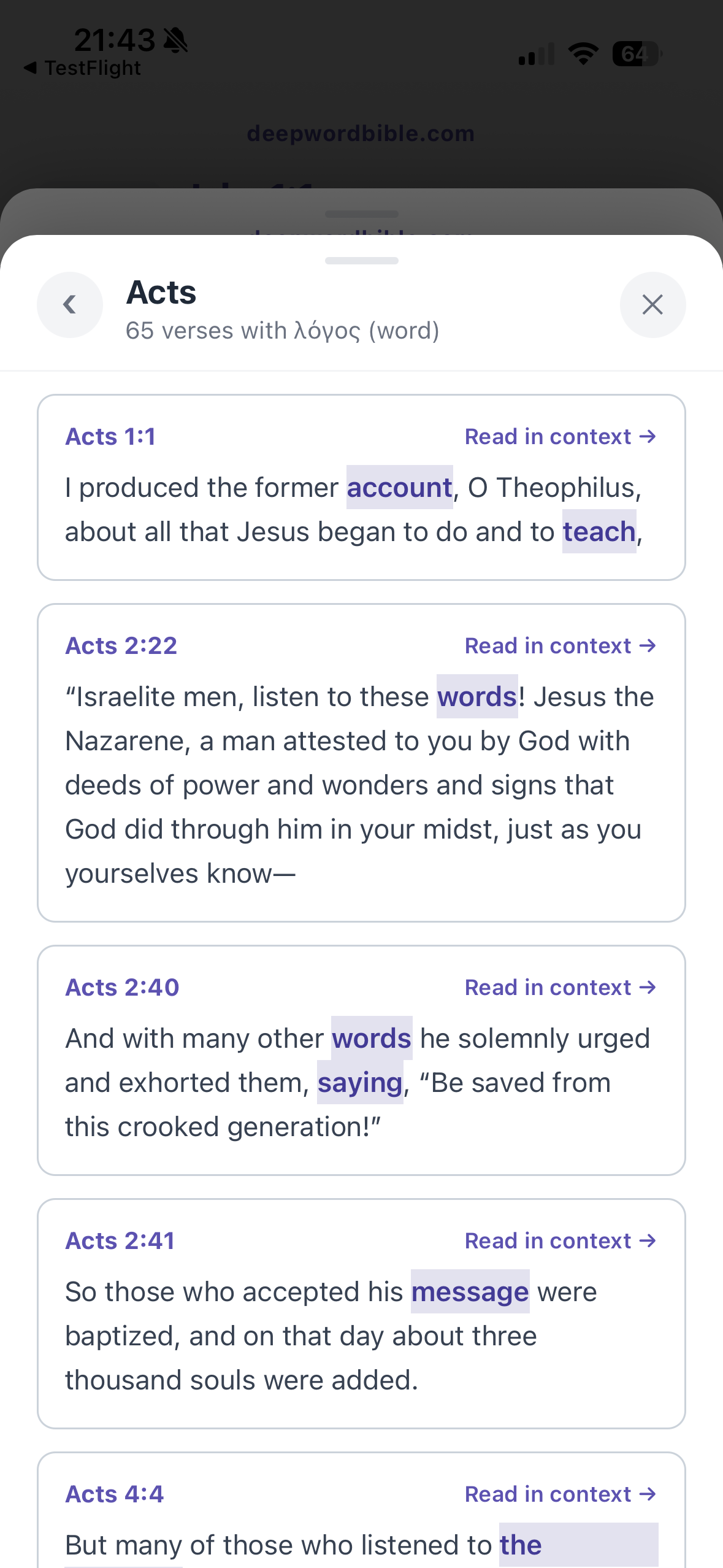 Each verse with the word highlighted