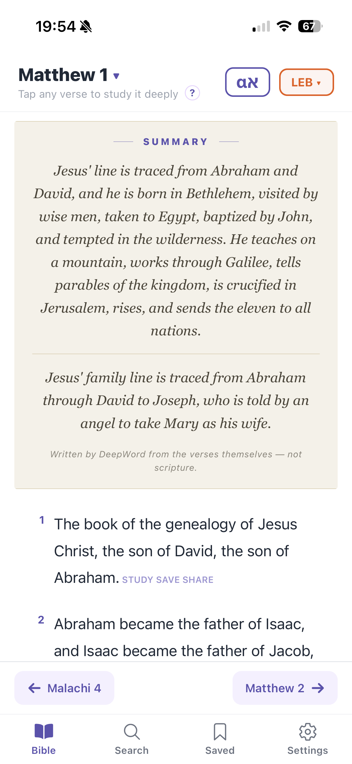 Matthew 1 in DeepWord with a summary card above the first verse