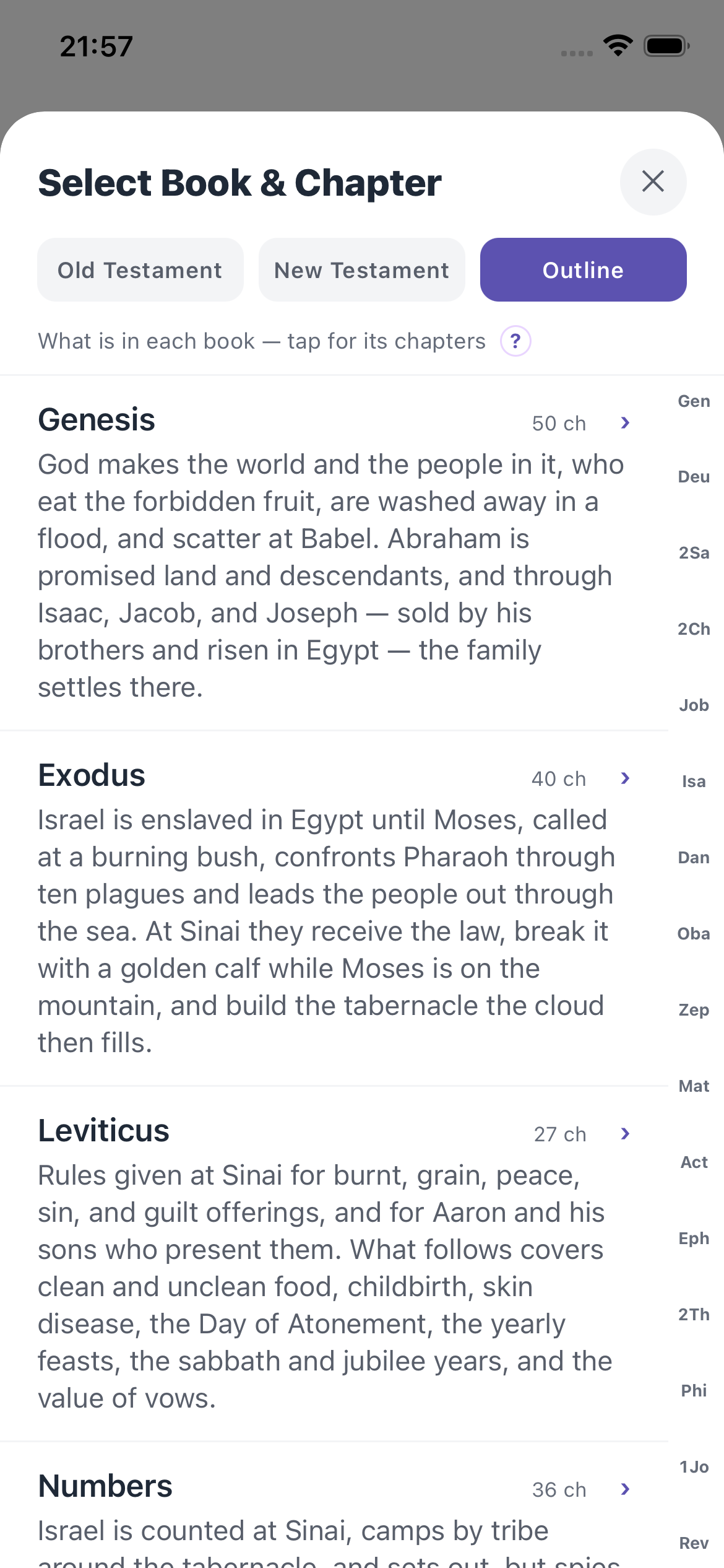 The Outline tab in DeepWord listing Genesis, Exodus and Leviticus, each with a one-sentence summary