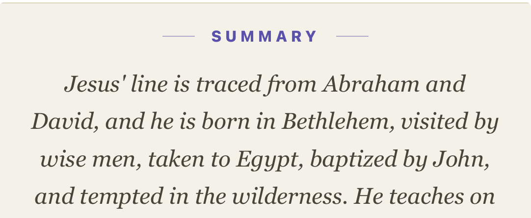 A chapter summary card above the first verse of Matthew 1